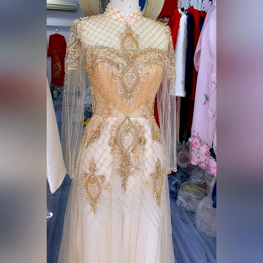 Custom made beaded Ao Dai wedding dress